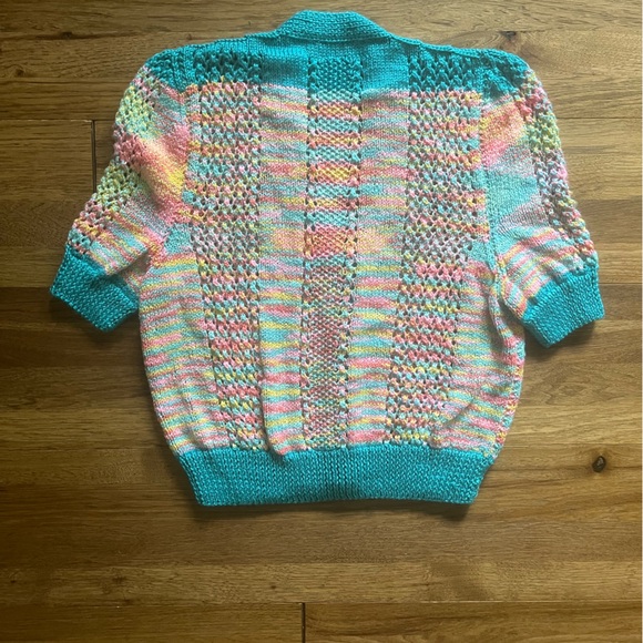Handmade Rainbow Knit Short Sleeve Cardigan Sweater Women’s Artisan Boho - Picture 2 of 8